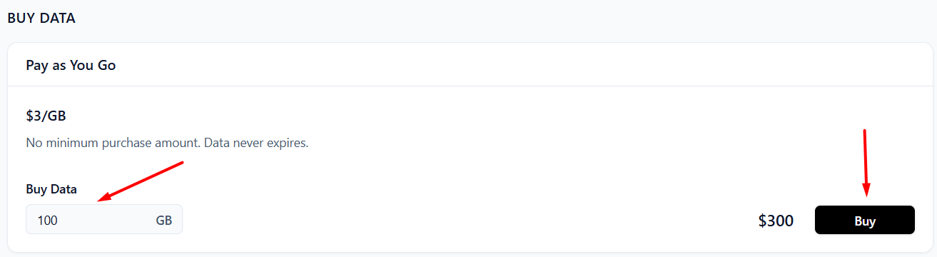Select the amount of data you want to purchase