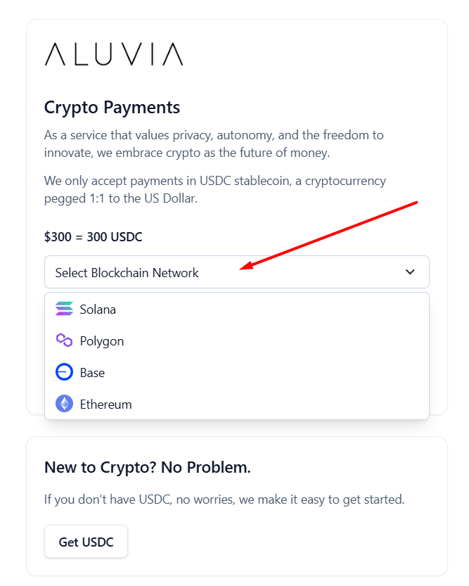 Choose your payment method (e.g., USDC, credit card)